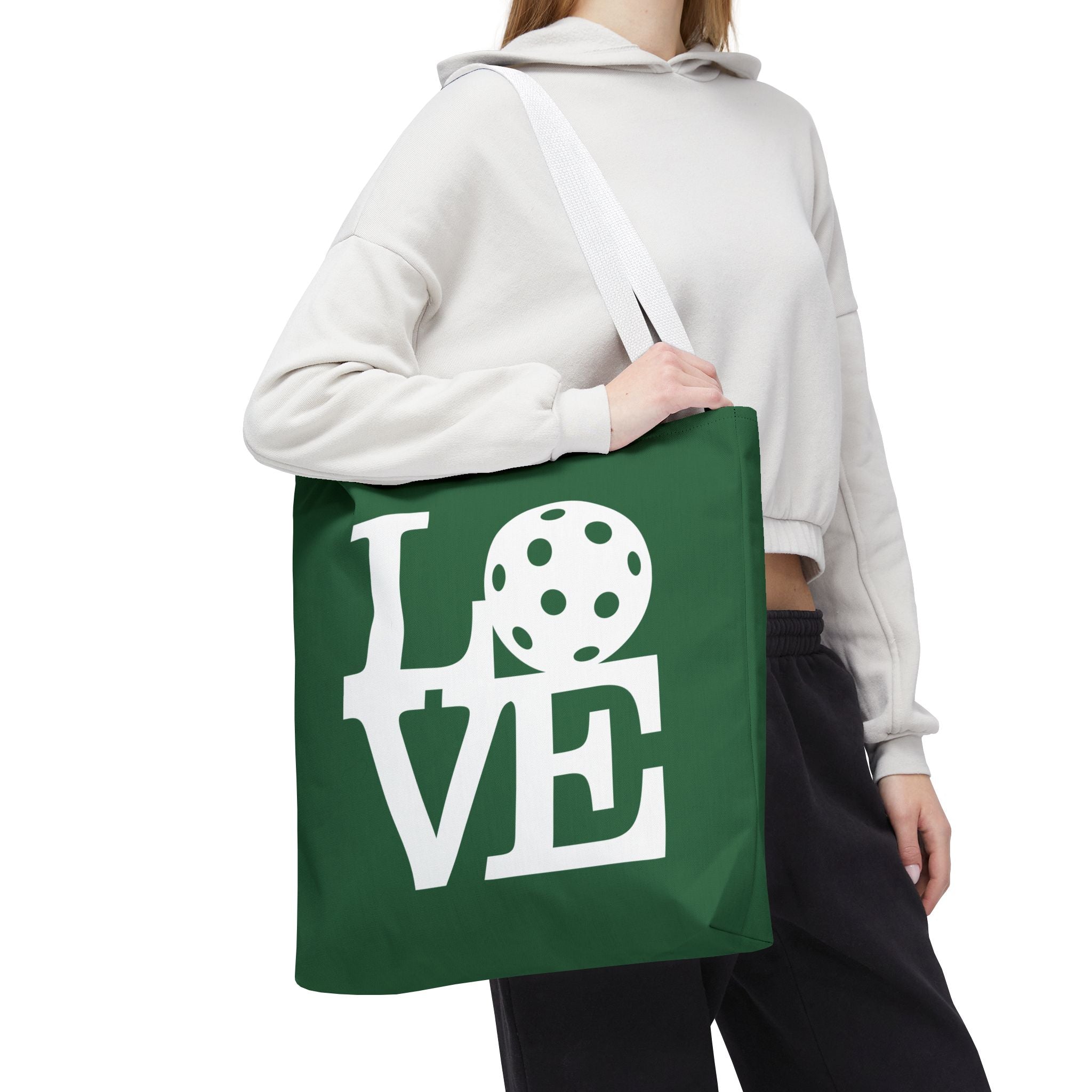 Dark green Pickleball LOVE tote bag with large 18x18 inch carryall design, stylish sporty print by Printify.