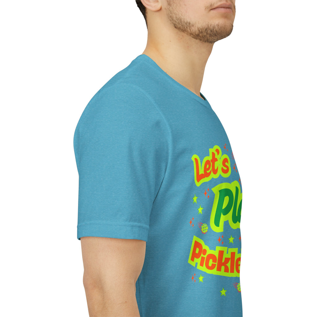 Neon orange and electric green Pickleball Rally T-Shirt with court graphic, casual fit, by Printify, ideal for active sportswear.