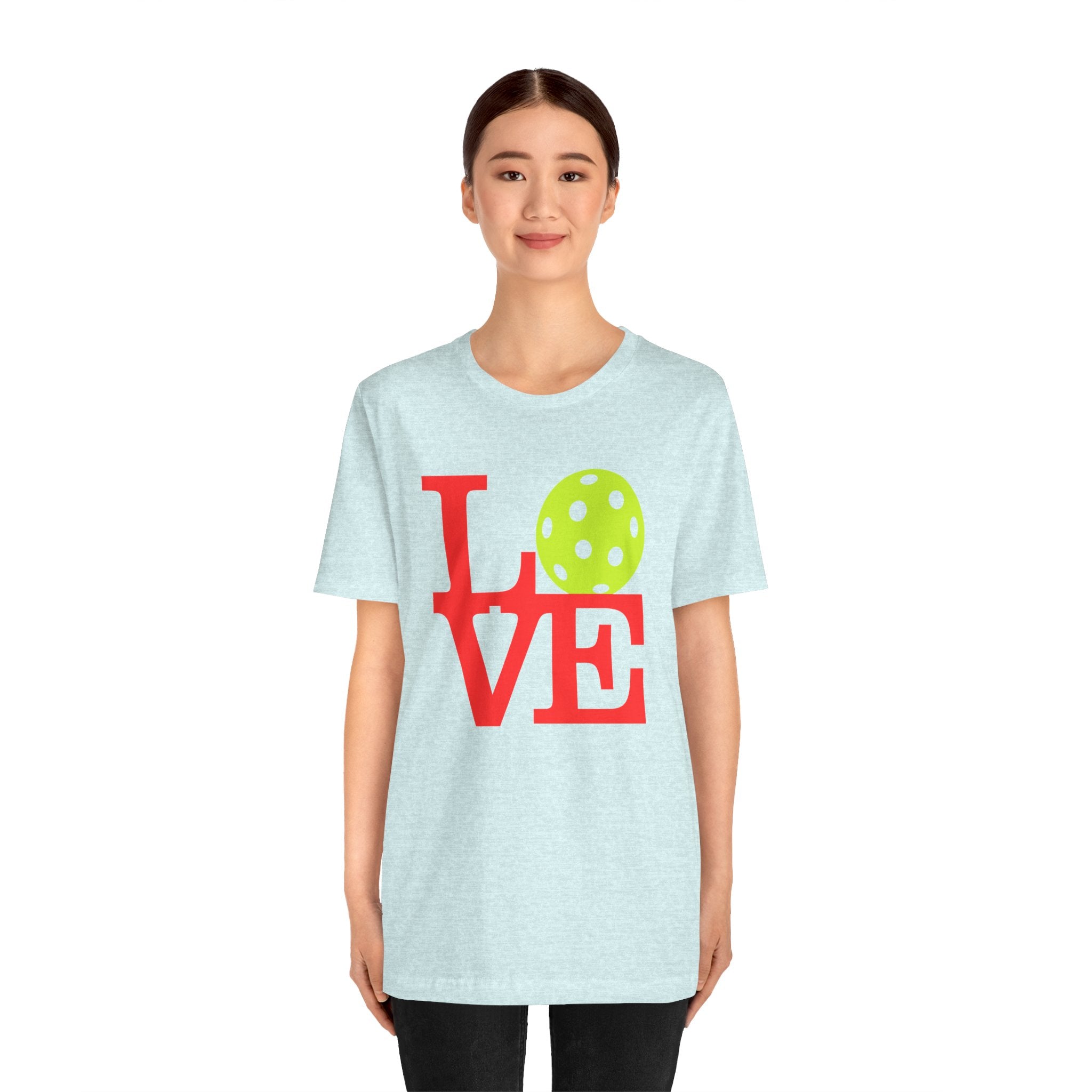 Bright neon pop art Pickleball LOVE T-shirt by Printify featuring bold graphic design on a premium cotton tee.