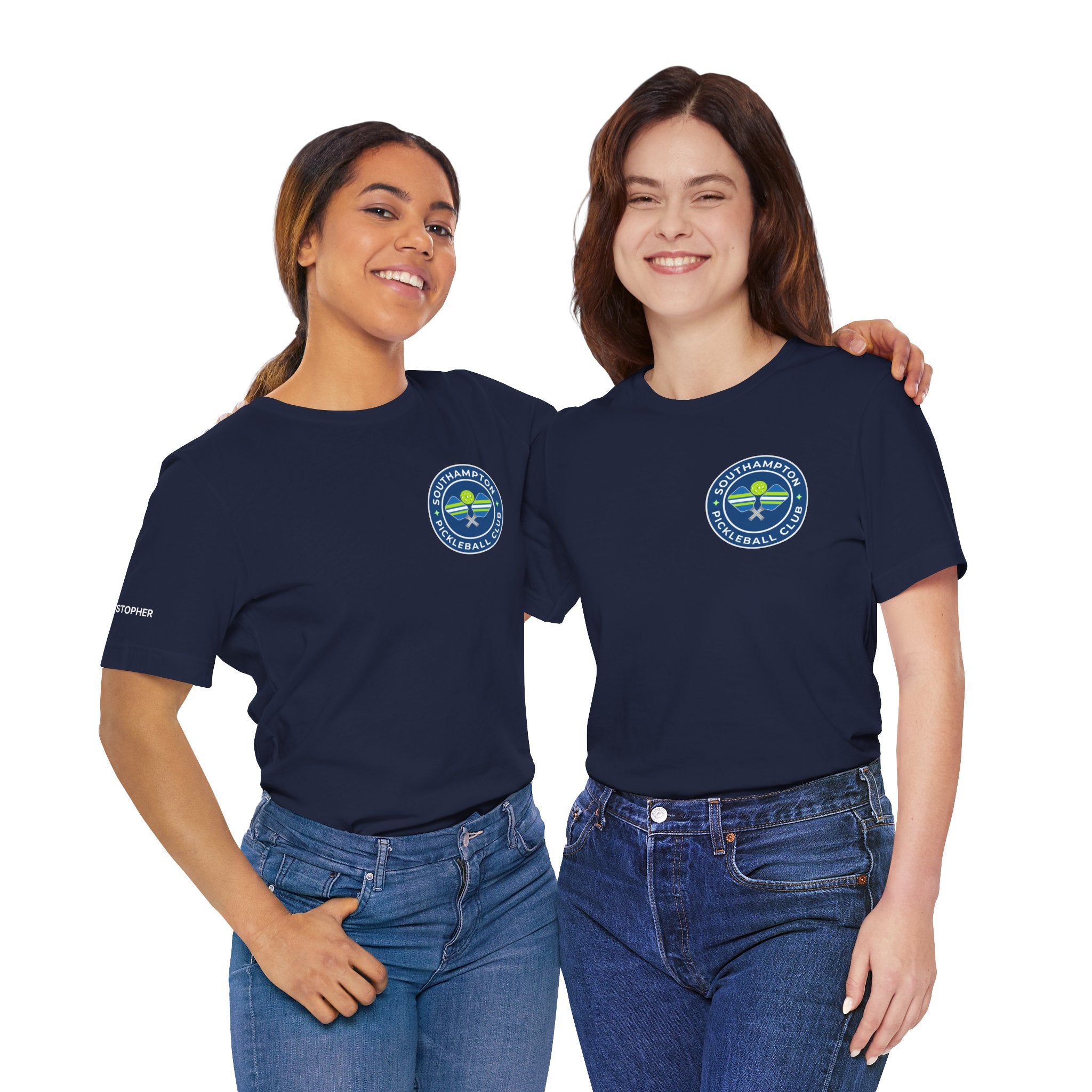 Personalized pickleball T-shirt with custom name sleeve and club logo on the back, featuring pickleball design on center back.