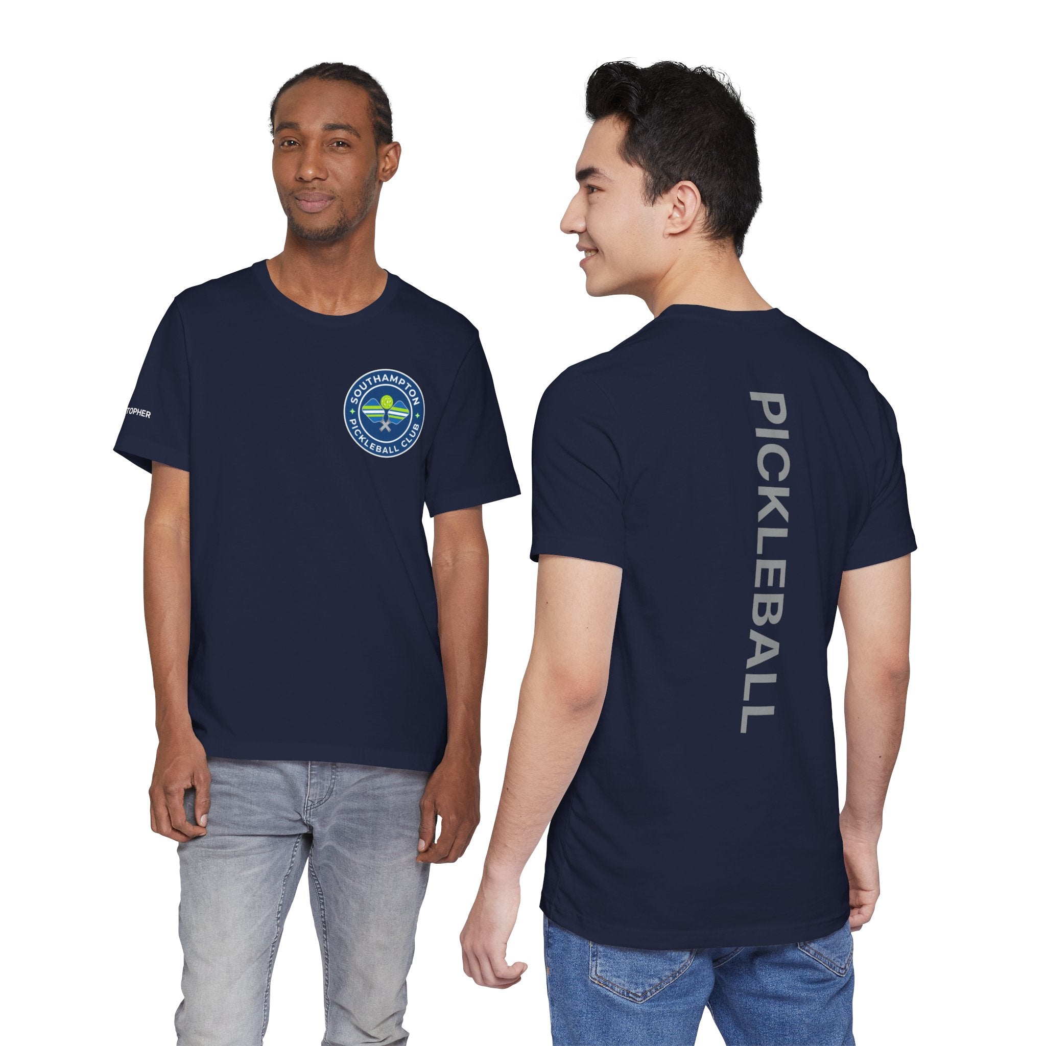 Personalized pickleball T-shirt by Printify with custom name on sleeve and club logo, featuring pickleball graphic on the back.