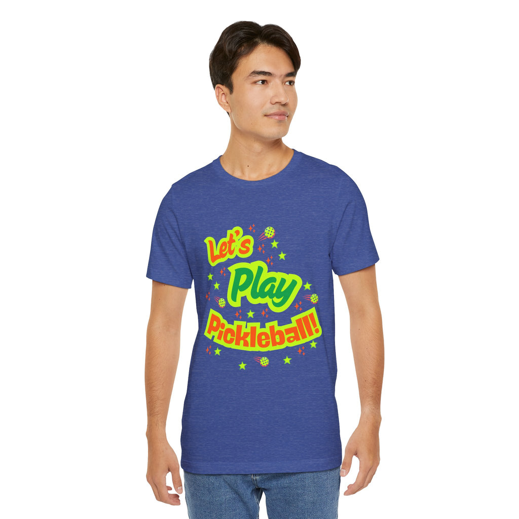 Neon orange and electric green Pickleball Rally T-Shirt with court graphic, casual athletic wear by Printify.