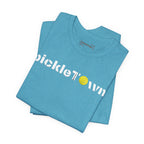 Toronto PickleTOwn T-Shirt featuring CN Tower and pickleball design, casual unisex tee from Printify.