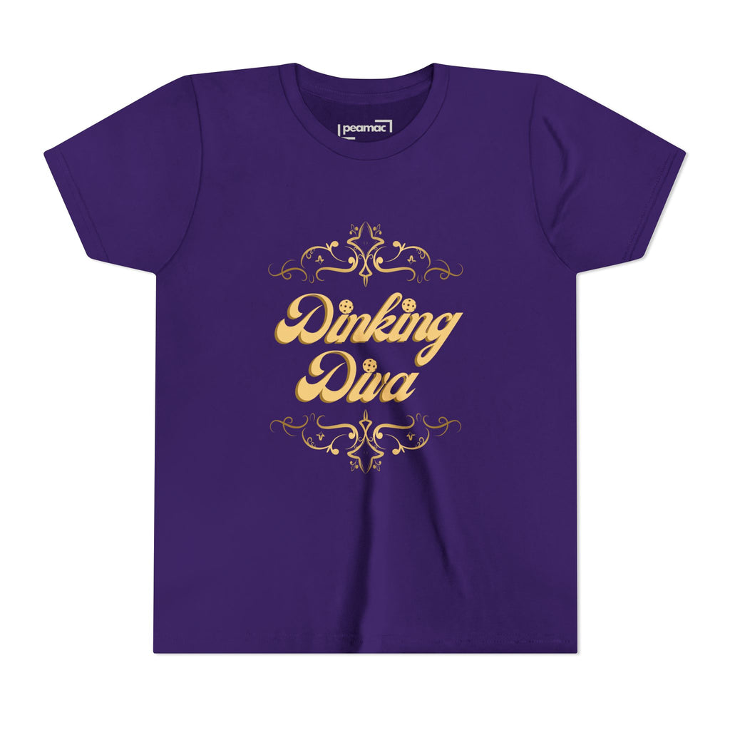 Youth Dinking Diva T-shirt with gold filigree pickleball graphic, kids' clothing by Printify, casual and colorful design