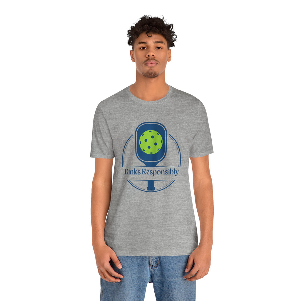 Dinks Responsibly Pickleball T-Shirt with paddle and ball graphic, fun pickleball shirt by Printify