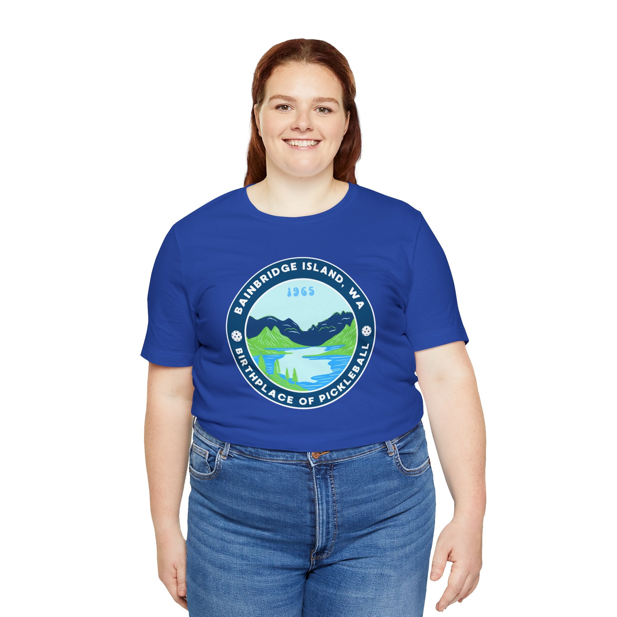 Unisex Bainbridge Island Pickleball T-shirt with "Birthplace of Pickleball 1965" text, printed by Printify.