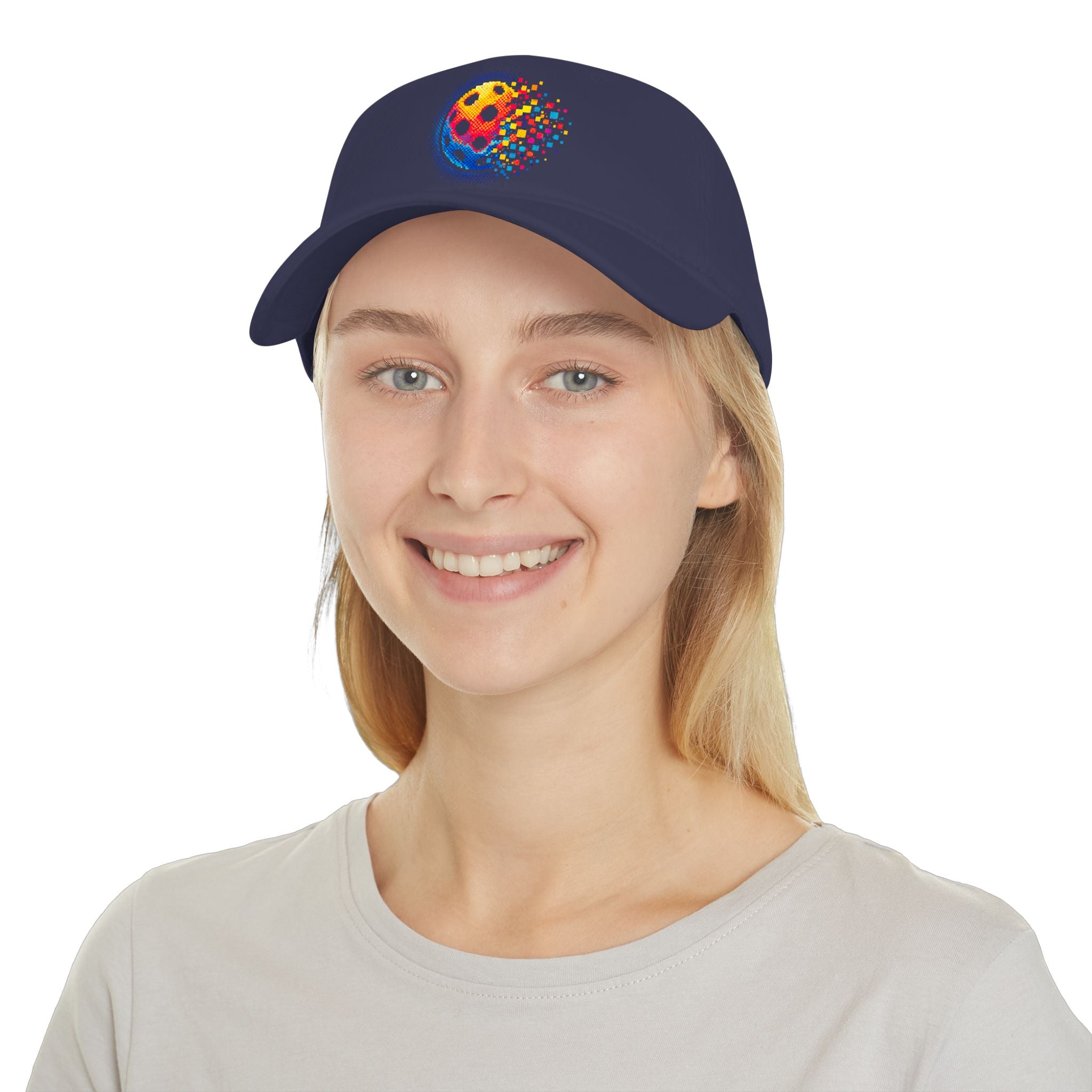 Pixelated Pickleball Cap, low profile cotton baseball hat by Printify with a colorful pixel design on the front.