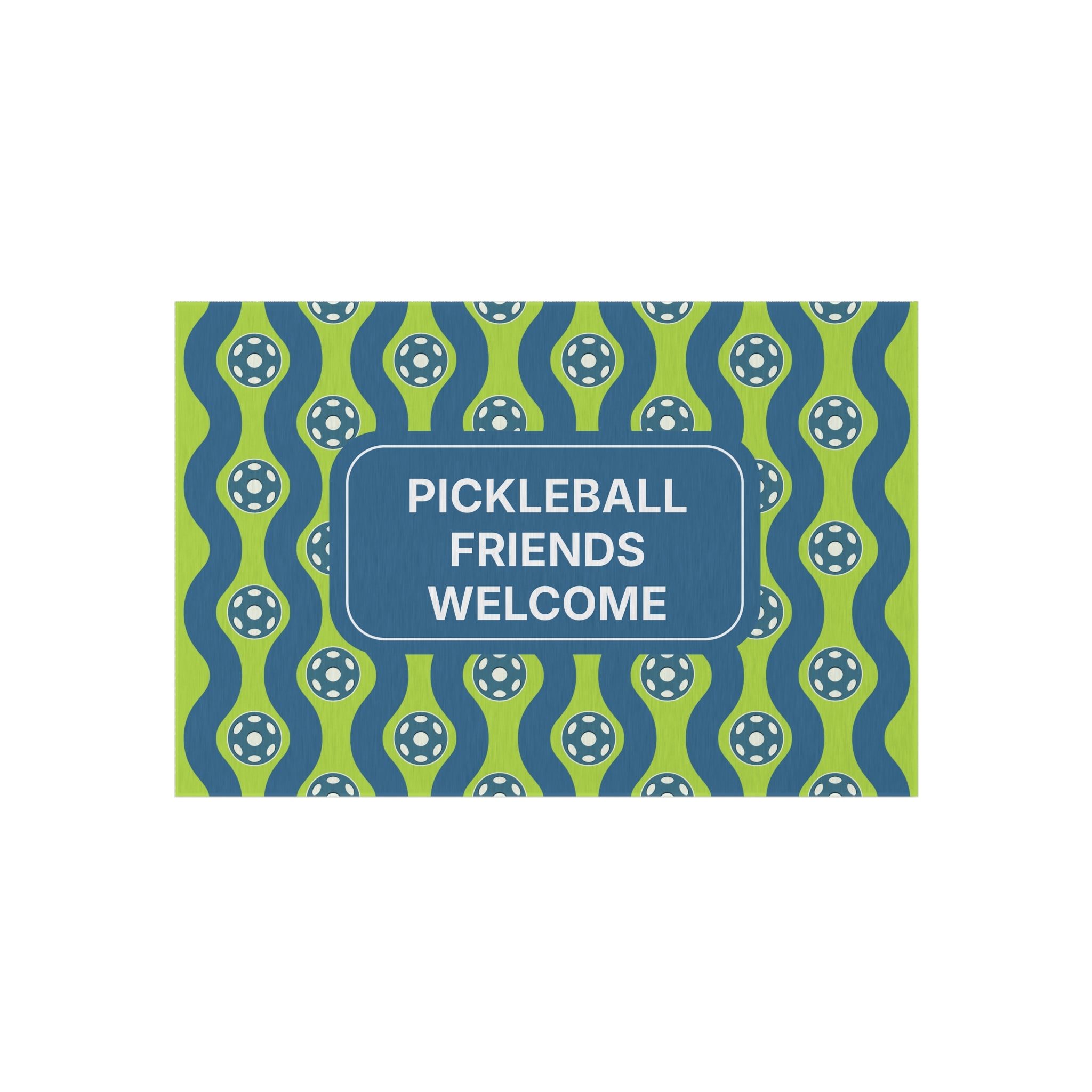Personalized outdoor pickleball rug with custom welcome message or name, ideal for home decor, available in four sizes.