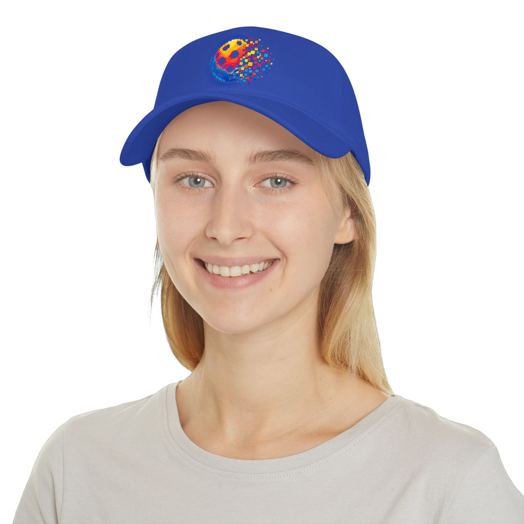 Pixelated Pickleball Cap, low profile cotton baseball hat by Printify featuring a colorful pixelated pickleball design.