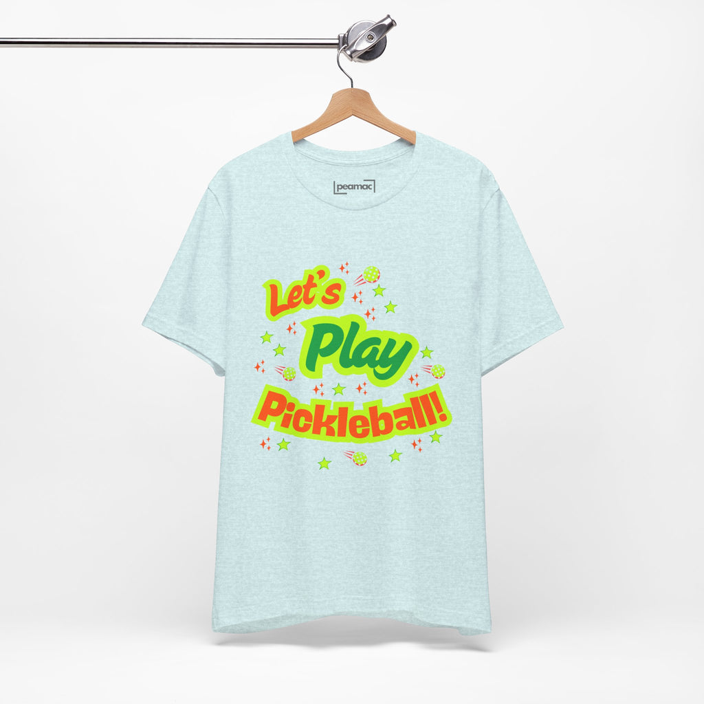 Neon orange and electric green Pickleball Rally T-Shirt with court graphic, casual athletic wear by Printify.