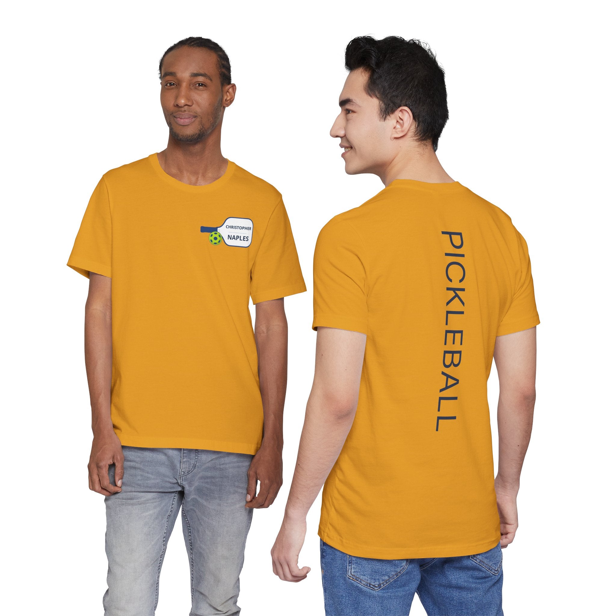 Personalized pickleball T-shirt by Printify with custom name and club on paddle graphic design, casual apparel for pickleball enthusiasts