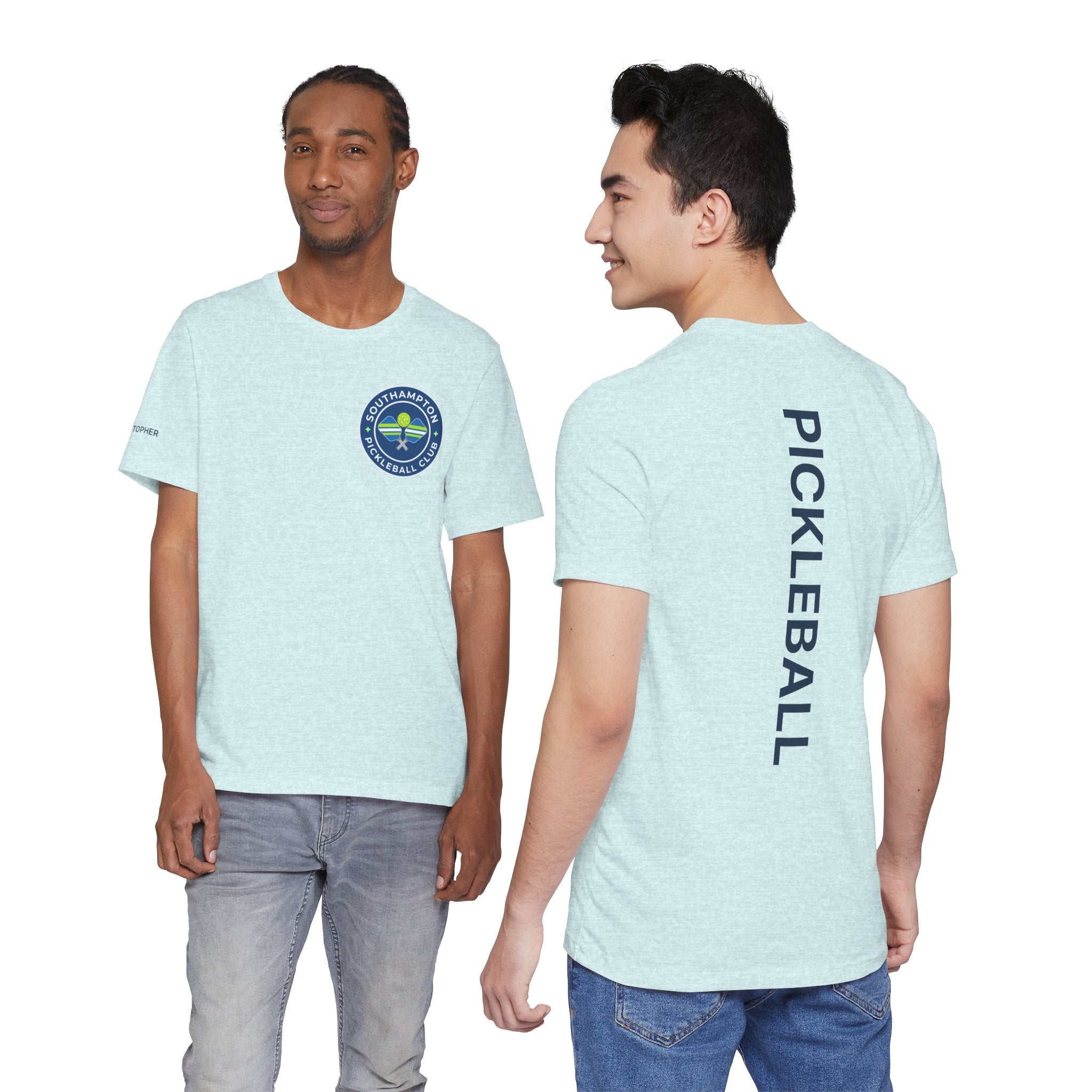 Personalized pickleball T-shirt by Printify with custom name sleeve and club logo on the center back, casual sportswear for pickleball players.