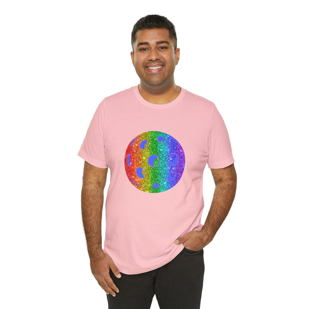 Rainbow glitter pickleball pride T-shirt featuring colorful print and bold "Loud and Proud" slogan on a comfortable tee.