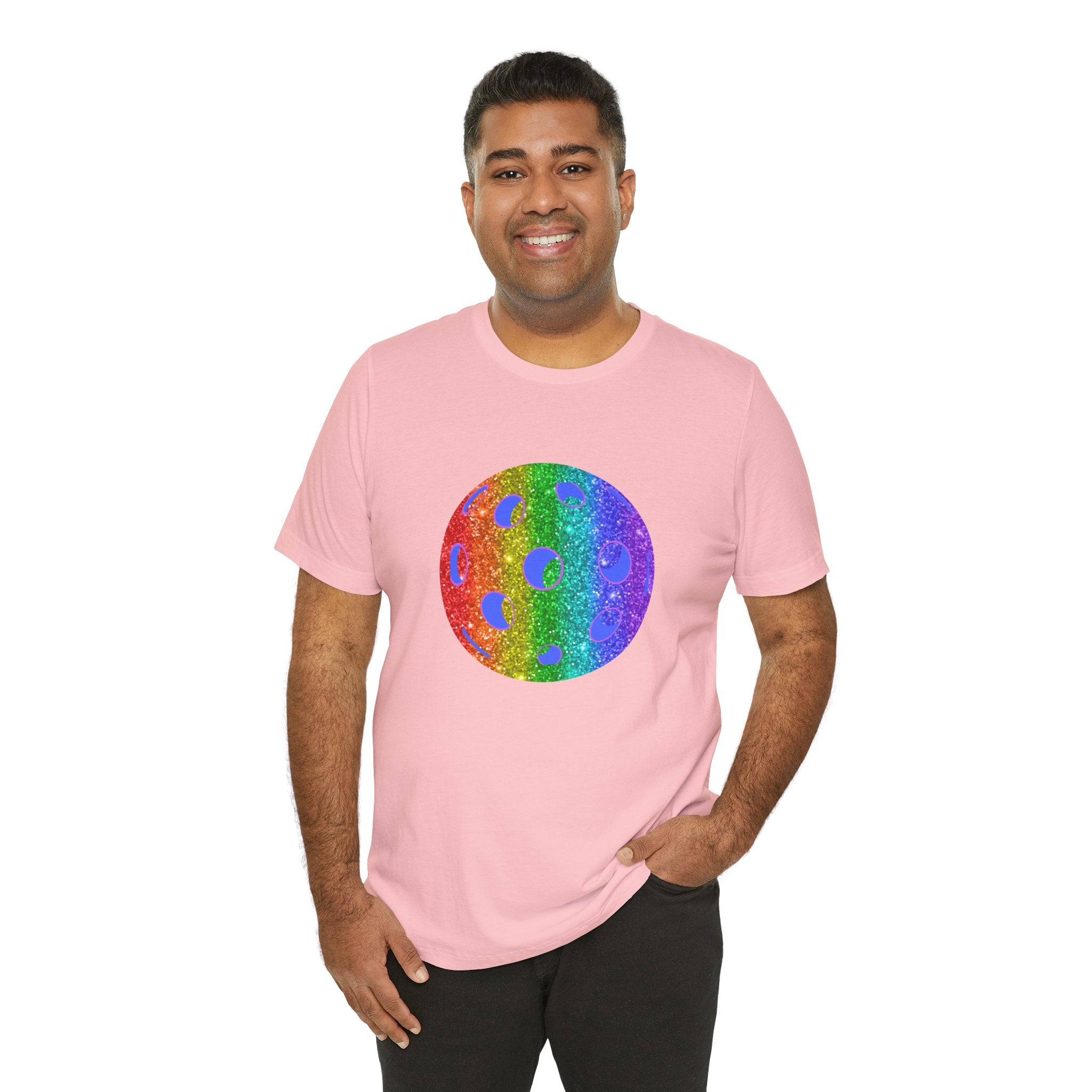 Rainbow glitter pickleball pride T-shirt featuring colorful print and bold "Loud and Proud" slogan on a comfortable tee.