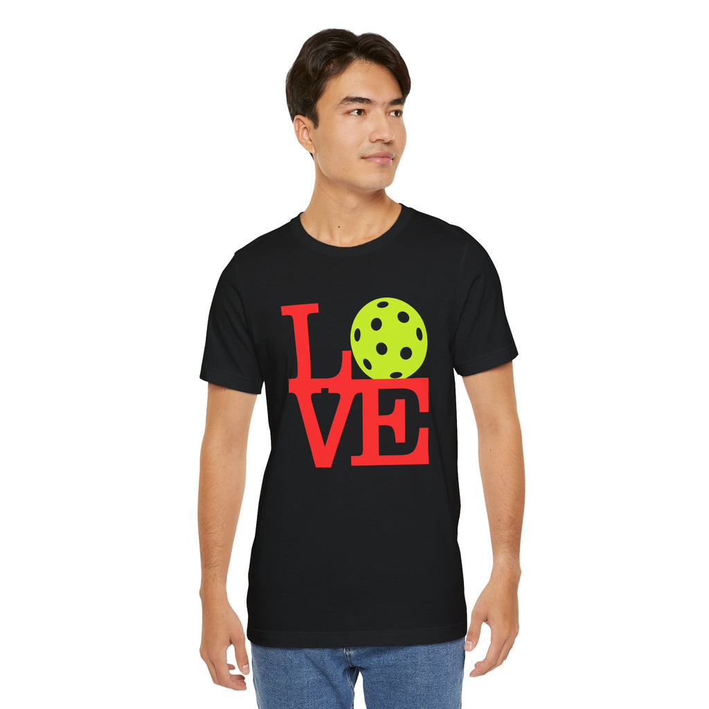 Neon pop art style Pickleball LOVE T-shirt by Printify featuring bold graphic design on a premium cotton tee.