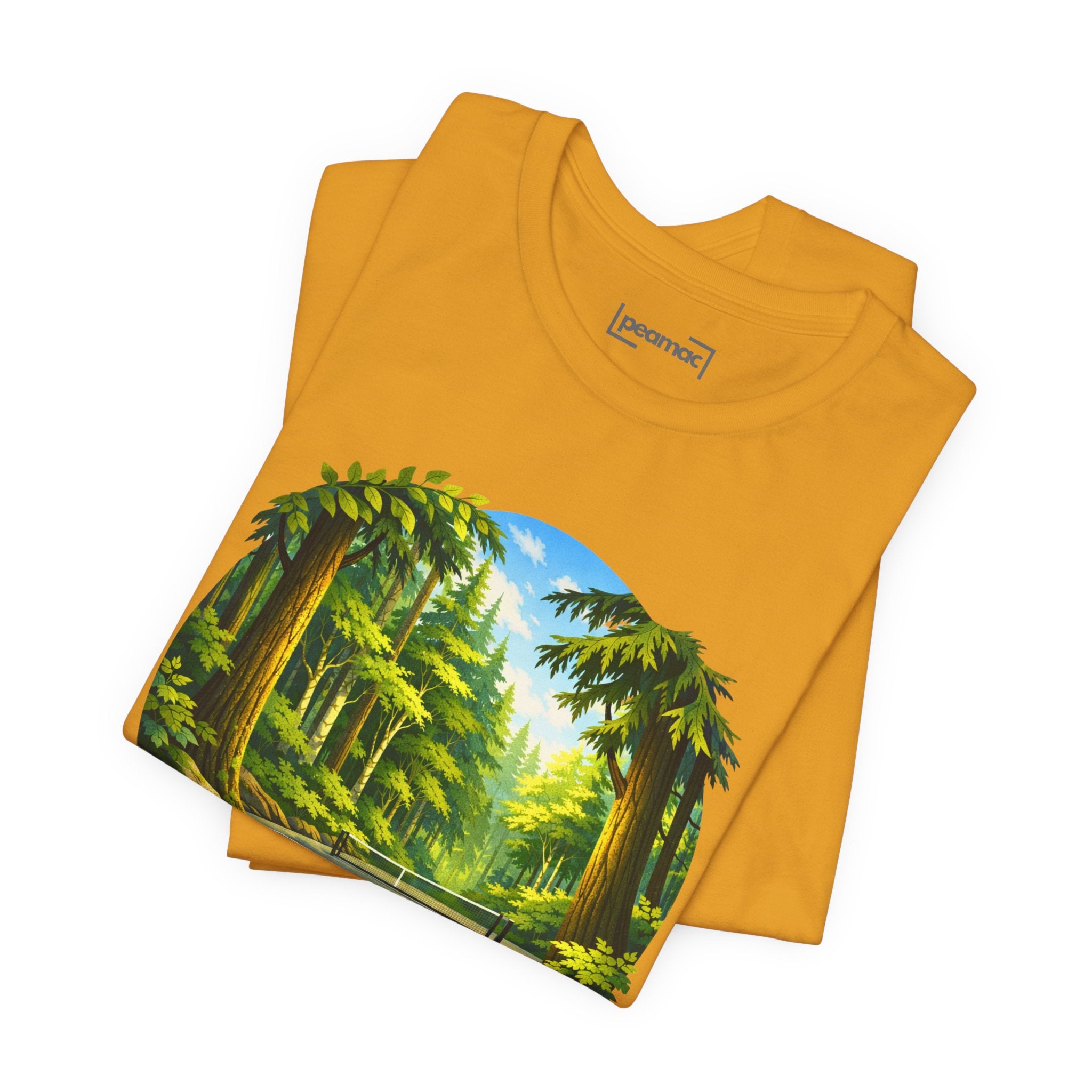 Unisex Hidden Forest Pickleball T-Shirt with Bainbridge Island tribute design, printed by Printify, featuring nature-inspired graphics.