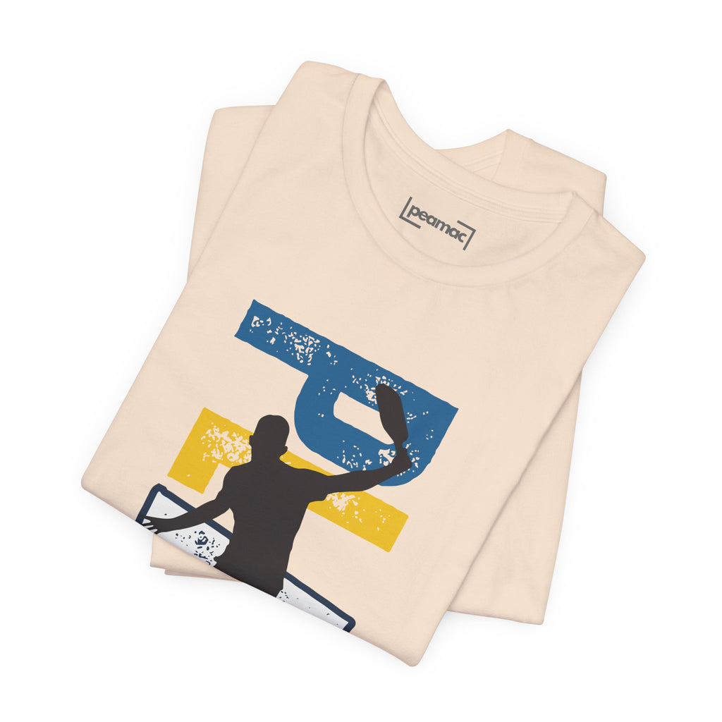 Men's Retro Pickleball Action T-shirt with front silhouette and vertical 'PICKLEBALL' text on the back, by Printify.