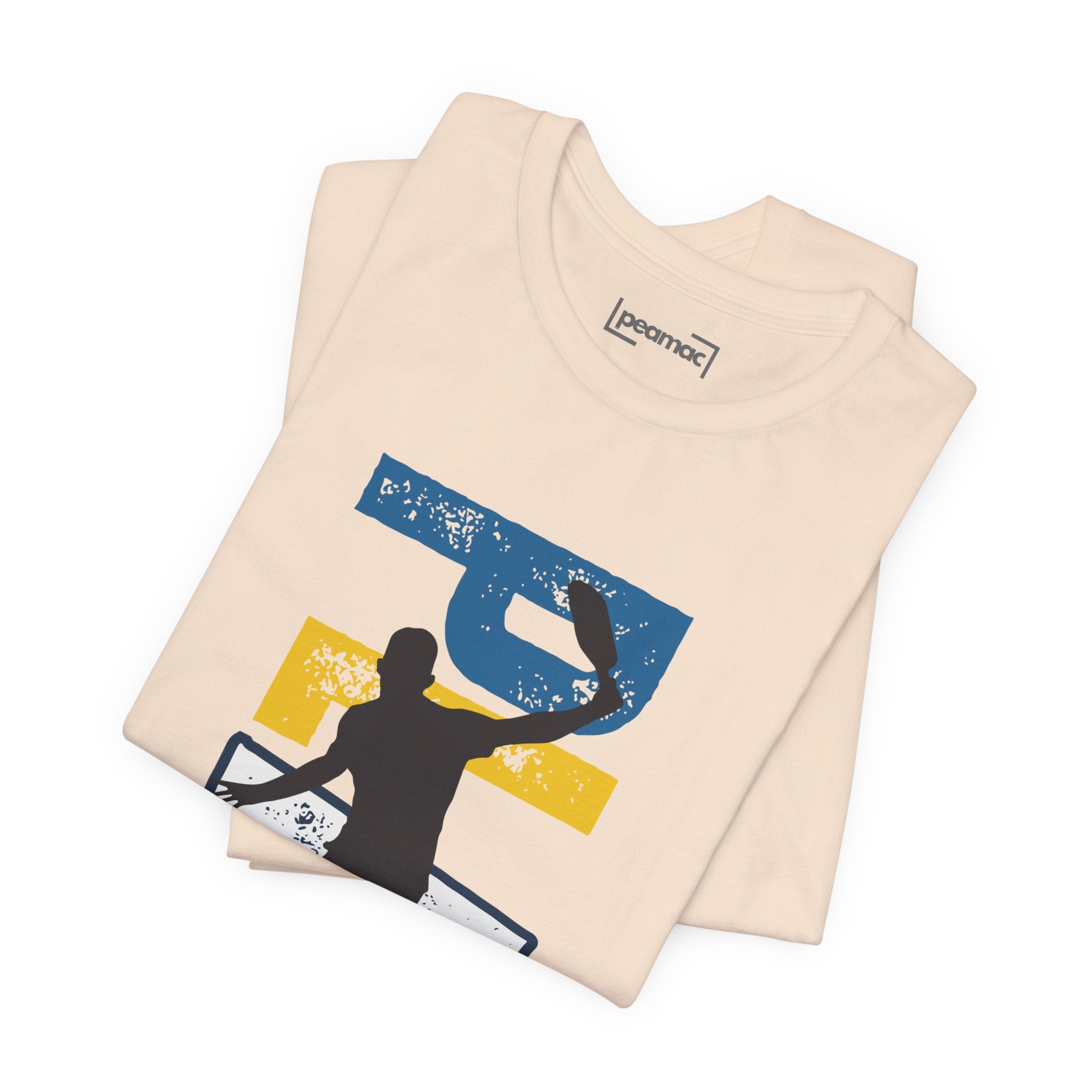 Men's Retro Pickleball Action T-shirt with front silhouette and vertical 'PICKLEBALL' text on the back, by Printify.