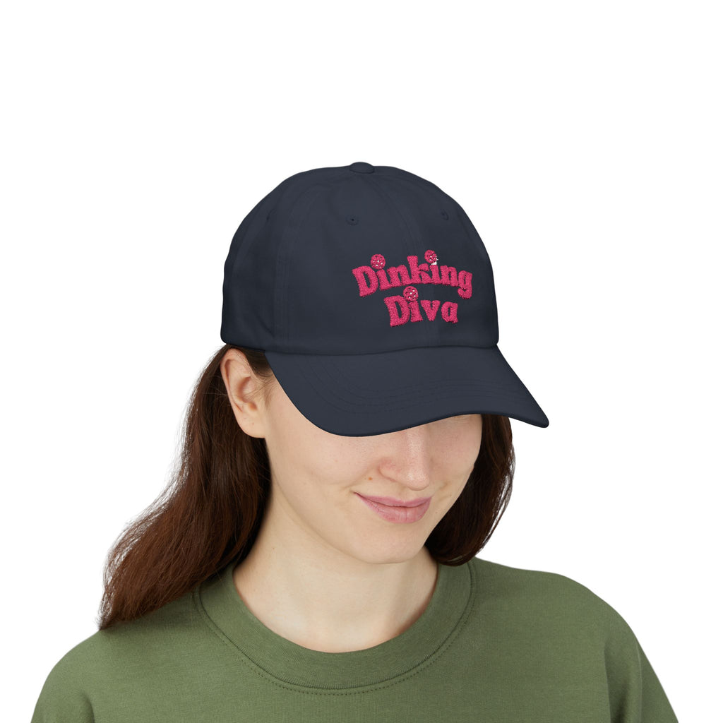 Dinking Diva embroidered baseball cap with pickleball design and antique brass closure, stylish hats by Printify