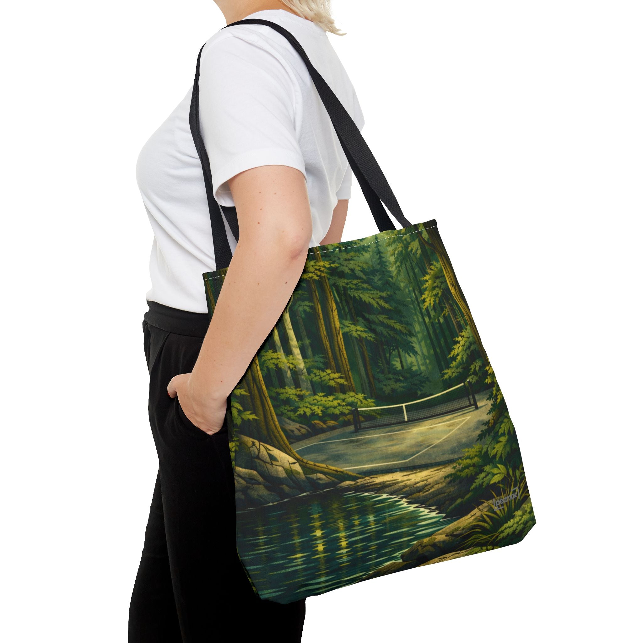 Large tote bag with scenic woodland landscape featuring hidden pickleball court print, perfect for outdoor and sports enthusiasts.