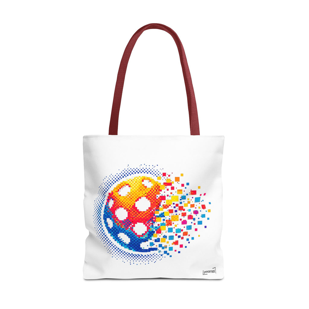 Large tote bag featuring retro digital pickleball design by Printify, perfect for carrying pickleball gear and accessories.