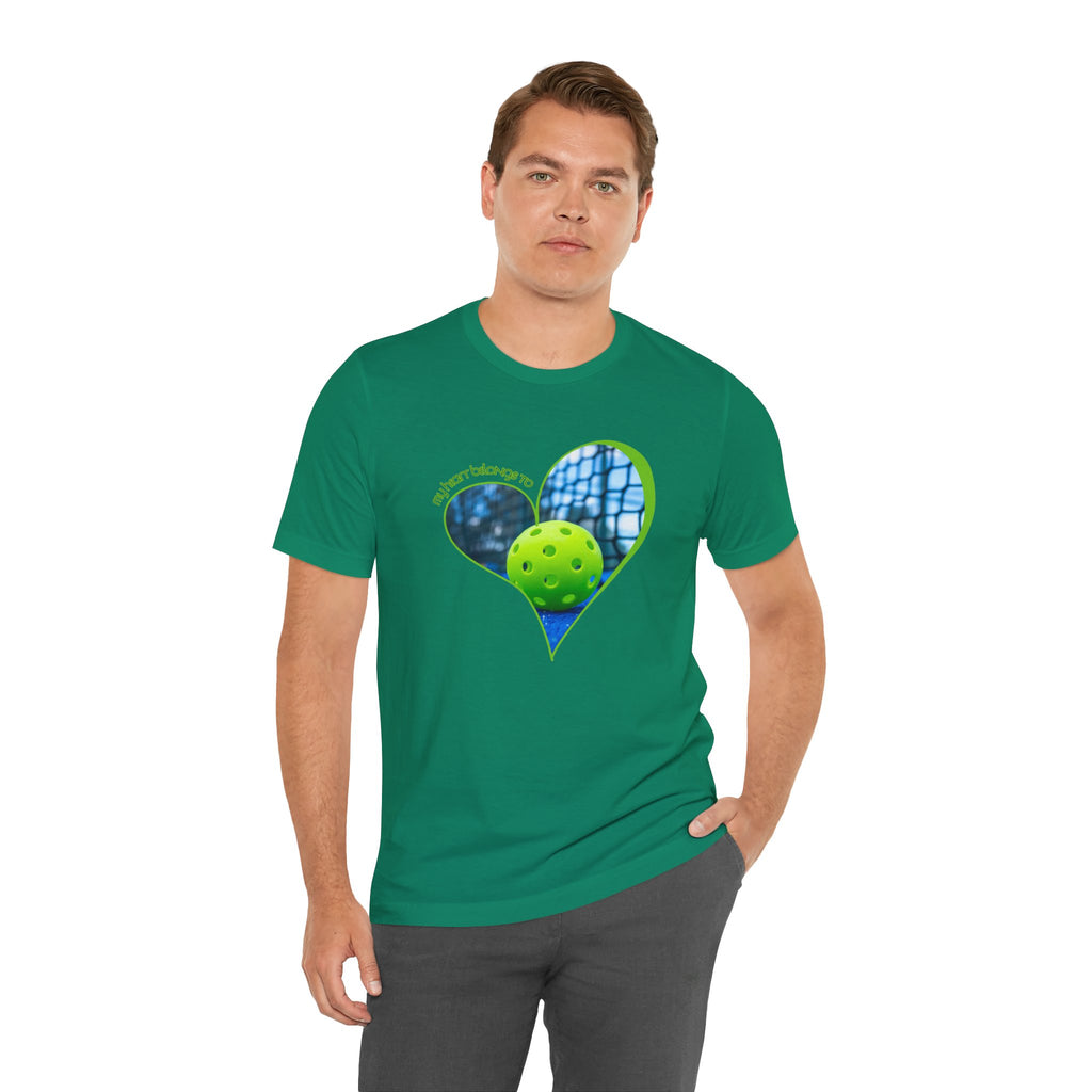 White Pickleball T-shirt with "My Heart Belongs to Pickleball" slogan, suitable for players and fans, by Printify.