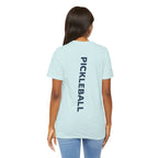 Women's retro-inspired pickleball T-shirt with vertical "PICKLEBALL" back print, casual athletic fashion by Printify.
