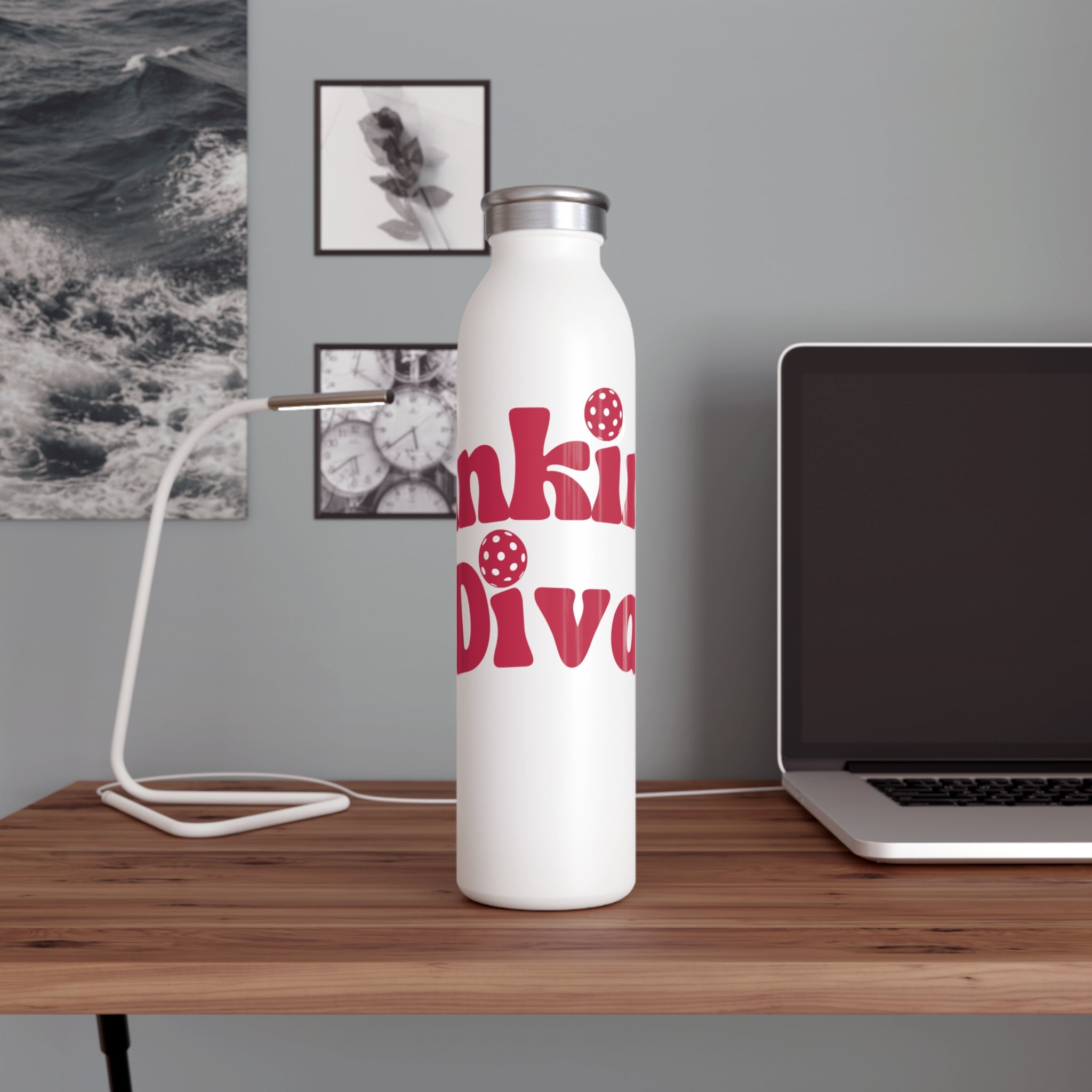 Stainless steel Dinking Diva pickleball hydration bottle by Printify, 20oz sports water bottle with a sleek design.