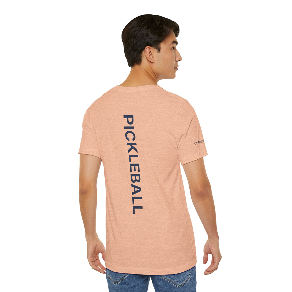Personalized pickleball T-shirt by Printify with custom name sleeve, club logo, and pickleball graphic on the back.