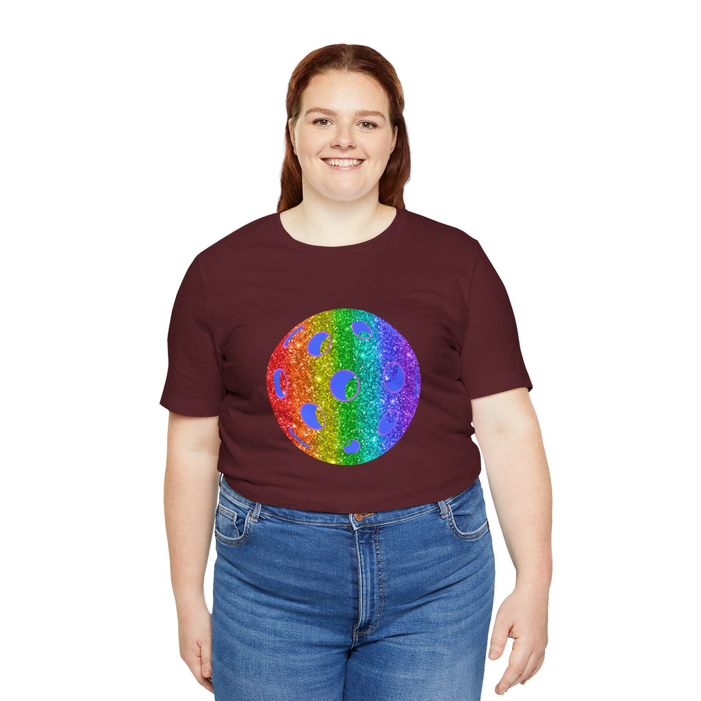 Rainbow glitter pickleball pride T-shirt by Printify featuring bold colors and a festive design for pickleball enthusiasts.