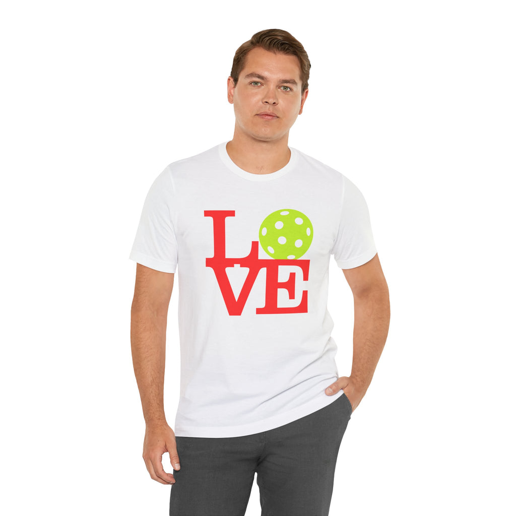 Neon pop art LOVE pickleball T-shirt by Printify featuring bold colors and casual fit, perfect for pickleball enthusiasts.
