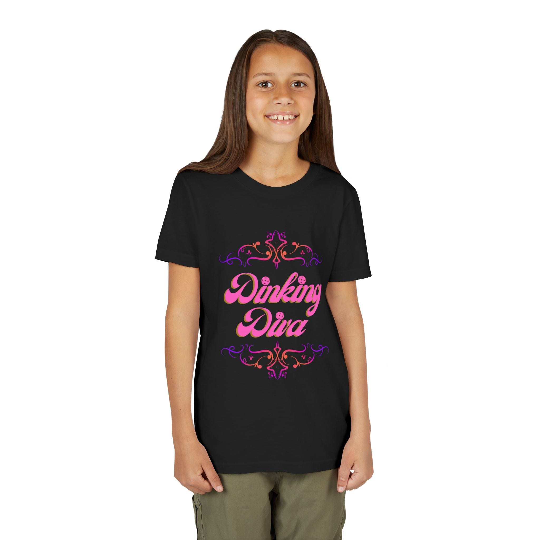 Youth Dinking Diva Fun T-Shirt for Pickleball | Pink Filagree Graphic | Parties, Birthdays, and Everyday Wear, Pink Lettering, Gift for Girls