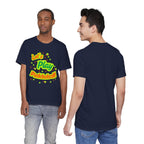 Neon orange and electric green Pickleball Rally T-Shirt with court graphic by Printify, casual athletic wear for sports fans.