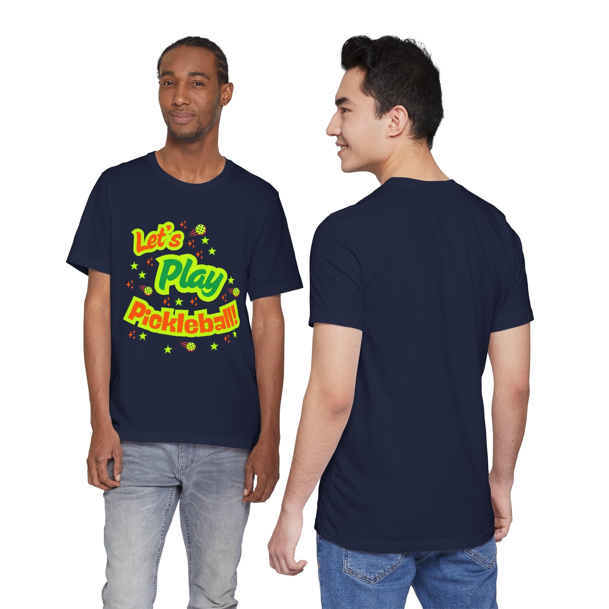 Neon orange and electric green Pickleball Rally T-Shirt with court graphic by Printify, casual athletic wear for sports fans.