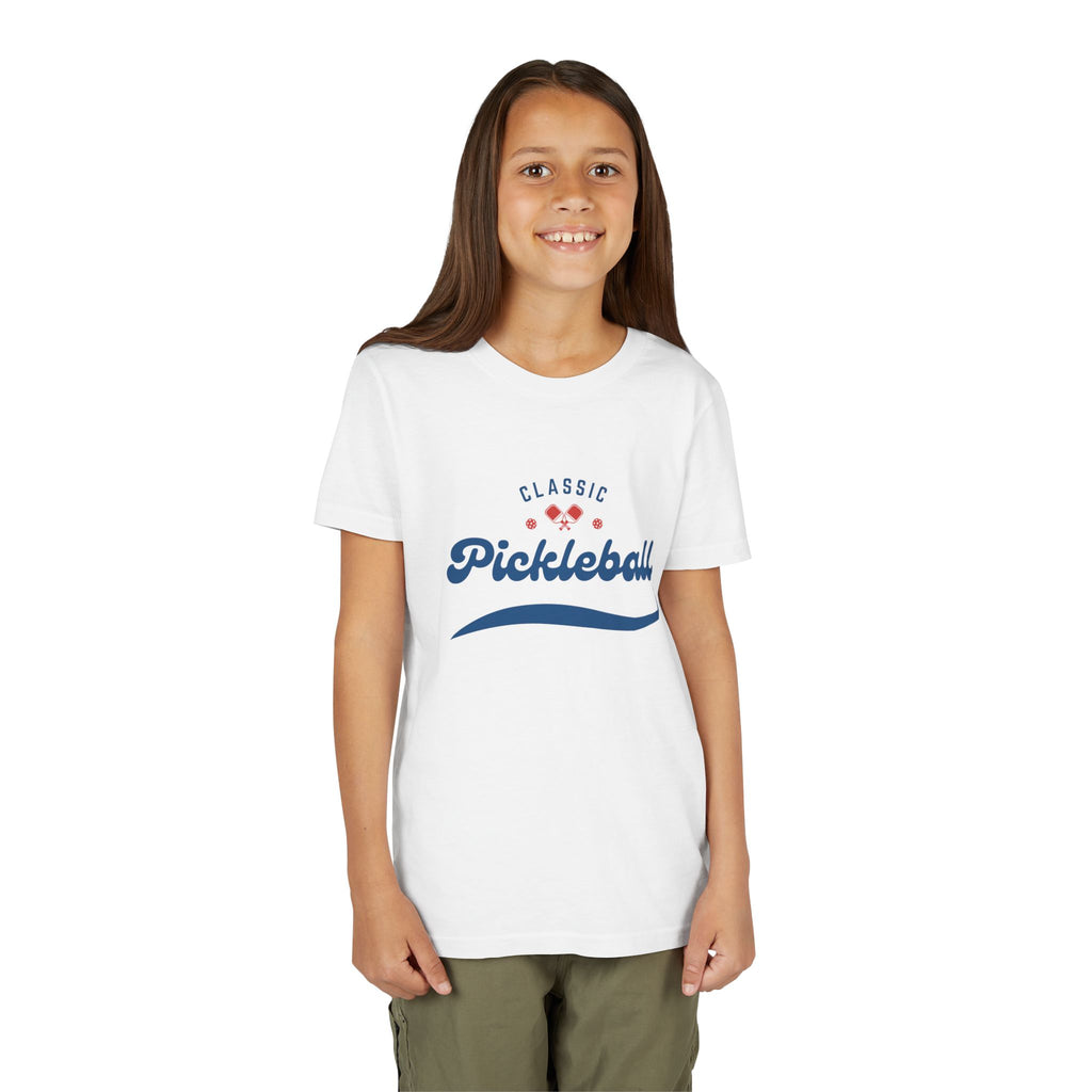 Youth retro pickleball T-shirt for kids, featuring colorful sports print, ideal for boys and girls' active wear.