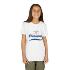 Youth retro pickleball T-shirt for kids, featuring colorful sports print, ideal for boys and girls' active wear.