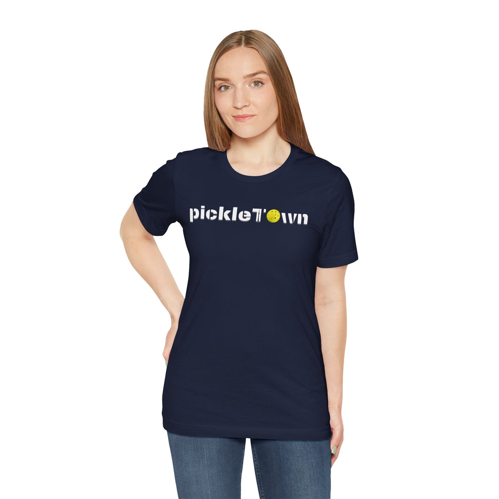 Toronto PickleTOwn T-Shirt by Printify featuring CN Tower and Pickleball ‘O’ design on a casual T-shirt.