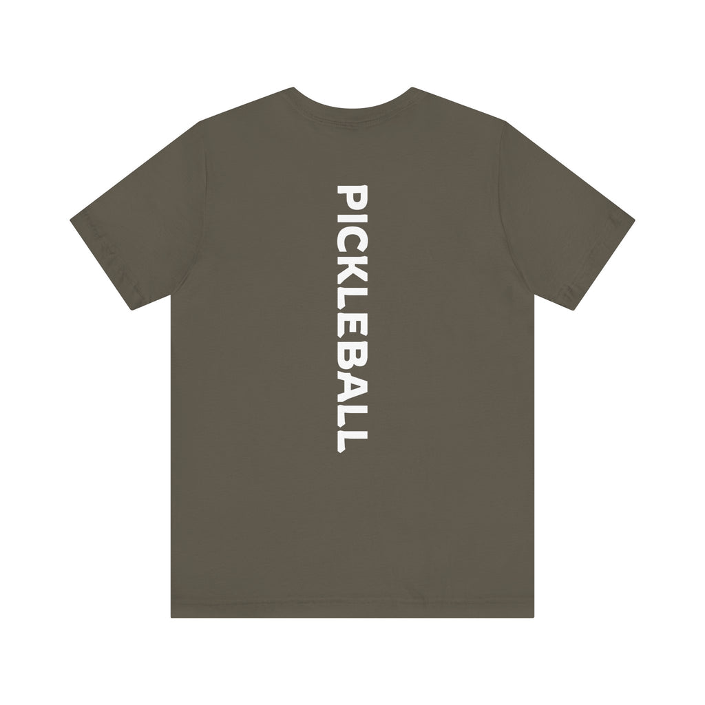 Men's Retro Pickleball Action T-Shirt with front silhouette and vertical 'PICKLEBALL' text on the back, by Printify.
