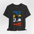 Men's Retro Pickleball Action T-Shirt with dynamic front silhouette and vertical "PICKLEBALL" text on the back by Printify.
