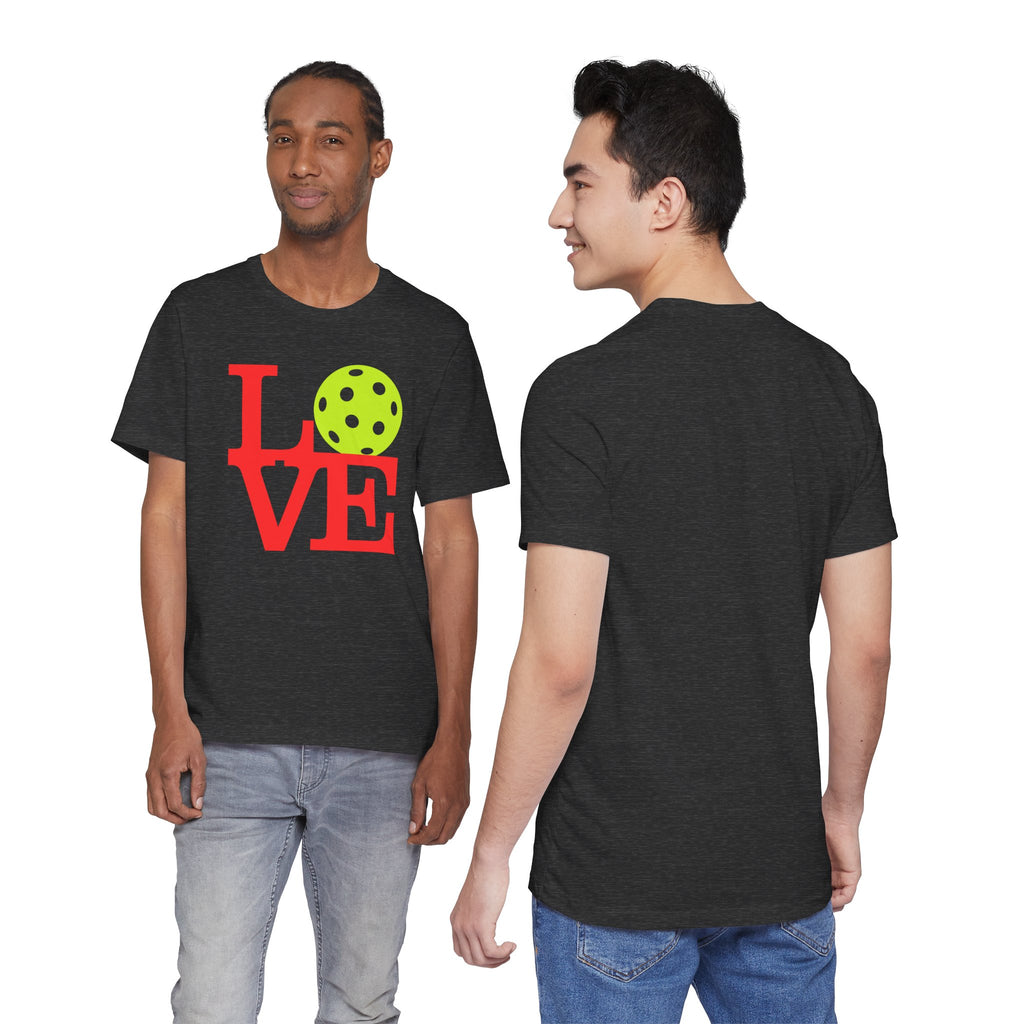 Bright neon pop art print T-shirt featuring the LOVE Pickleball design by Printify, casual premium cotton tee for pickleball fans.