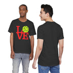 Bright neon pop art print T-shirt featuring the LOVE Pickleball design by Printify, casual premium cotton tee for pickleball fans.