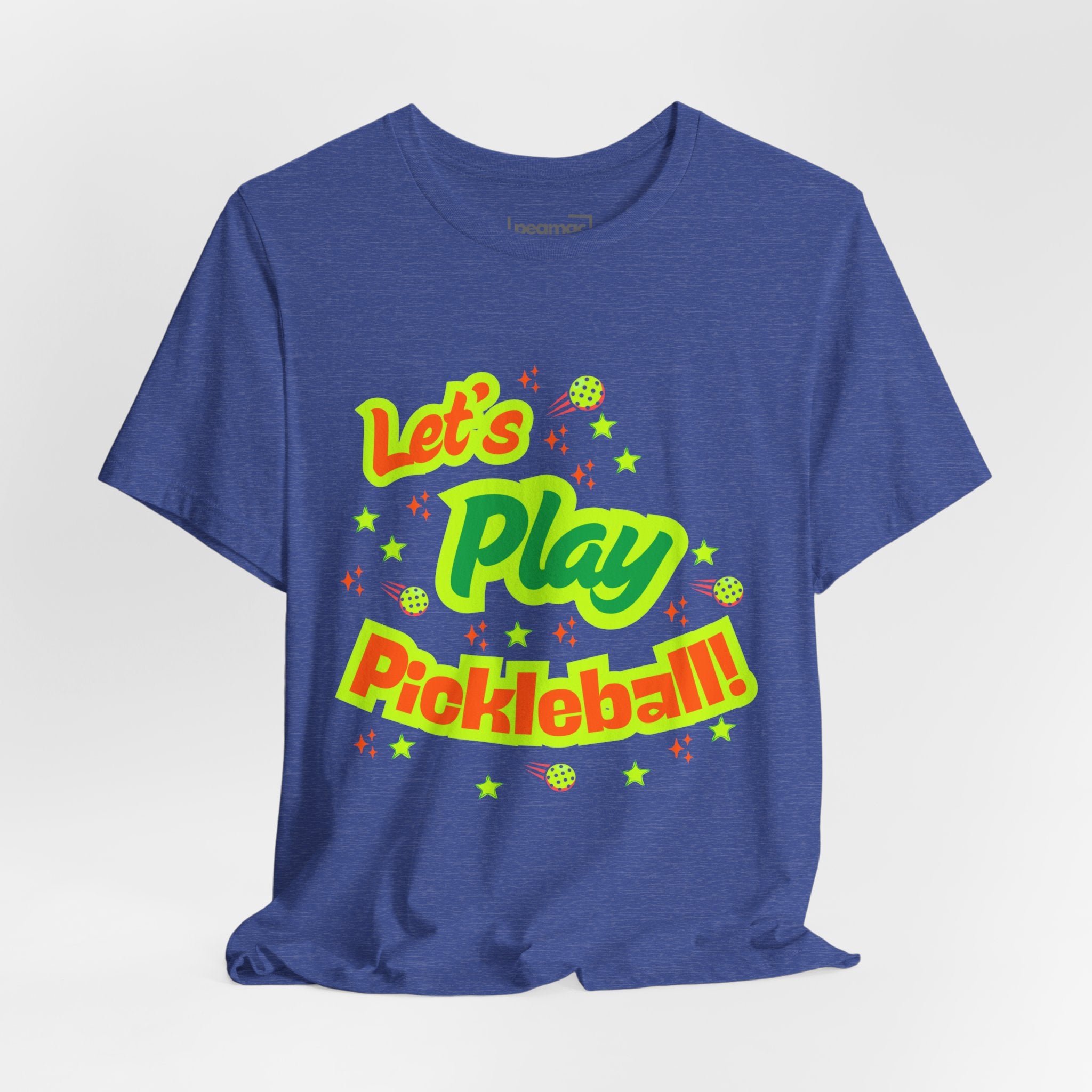 Neon orange and electric green pickleball rally T-shirt with court graphic by Printify, casual athletic wear for sports enthusiasts.