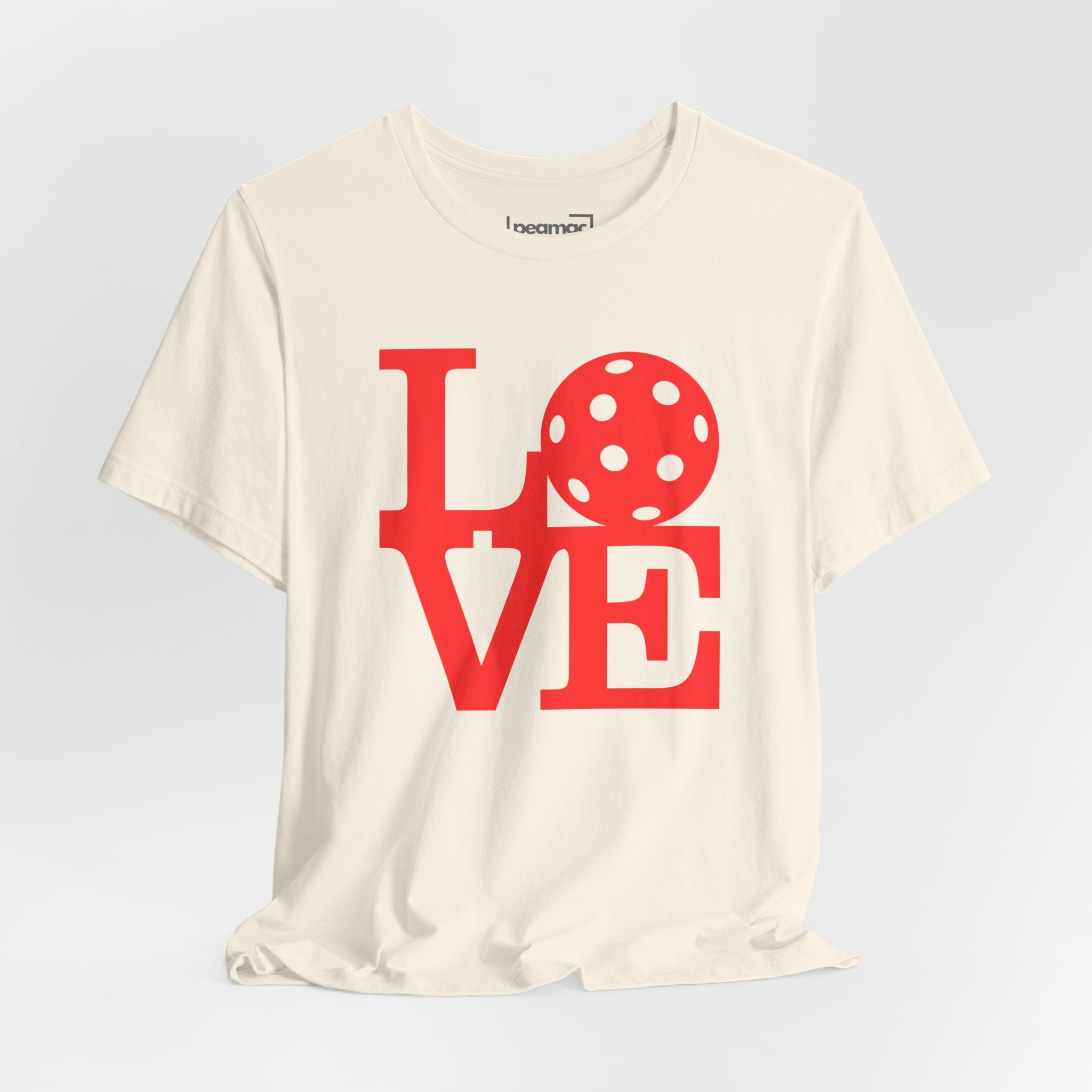 Red LOVE Pickleball graphic T-shirt by Printify featuring bold pop art design, casual fit, and vibrant print.