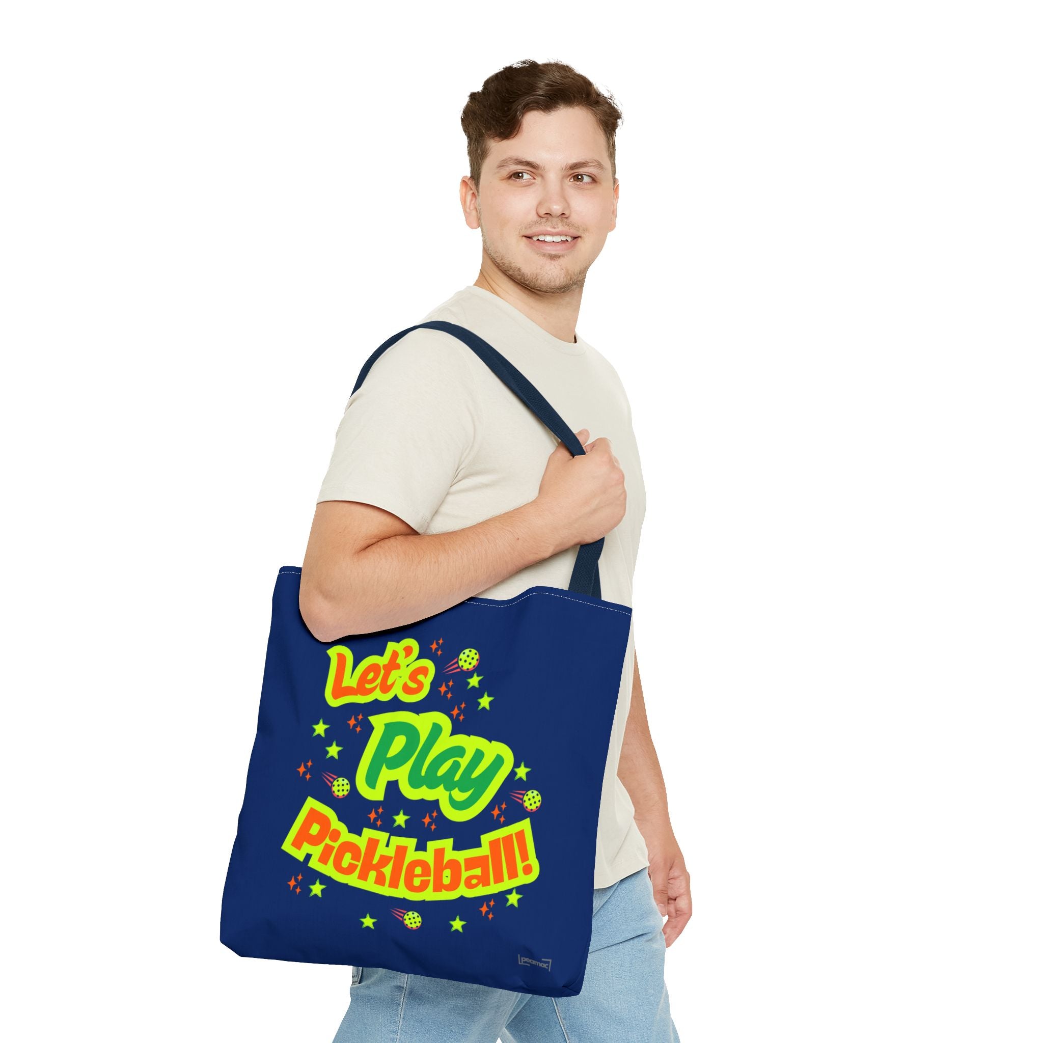 Large navy Let's Play Pickleball tote bag by Printify, featuring shoulder straps and spacious design for sports gear storage.