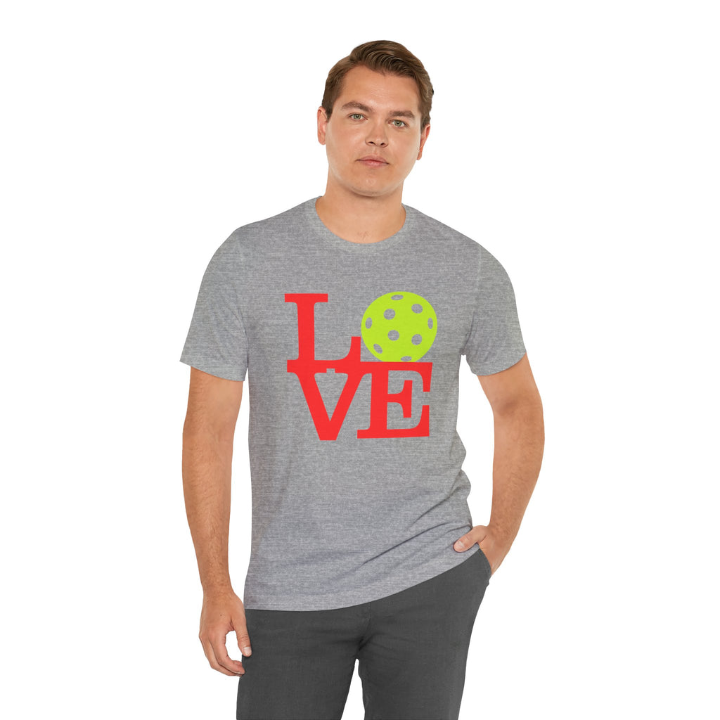 Neon pop art LOVE pickleball T-shirt by Printify featuring bright colors and bold design on a premium cotton T-shirt.