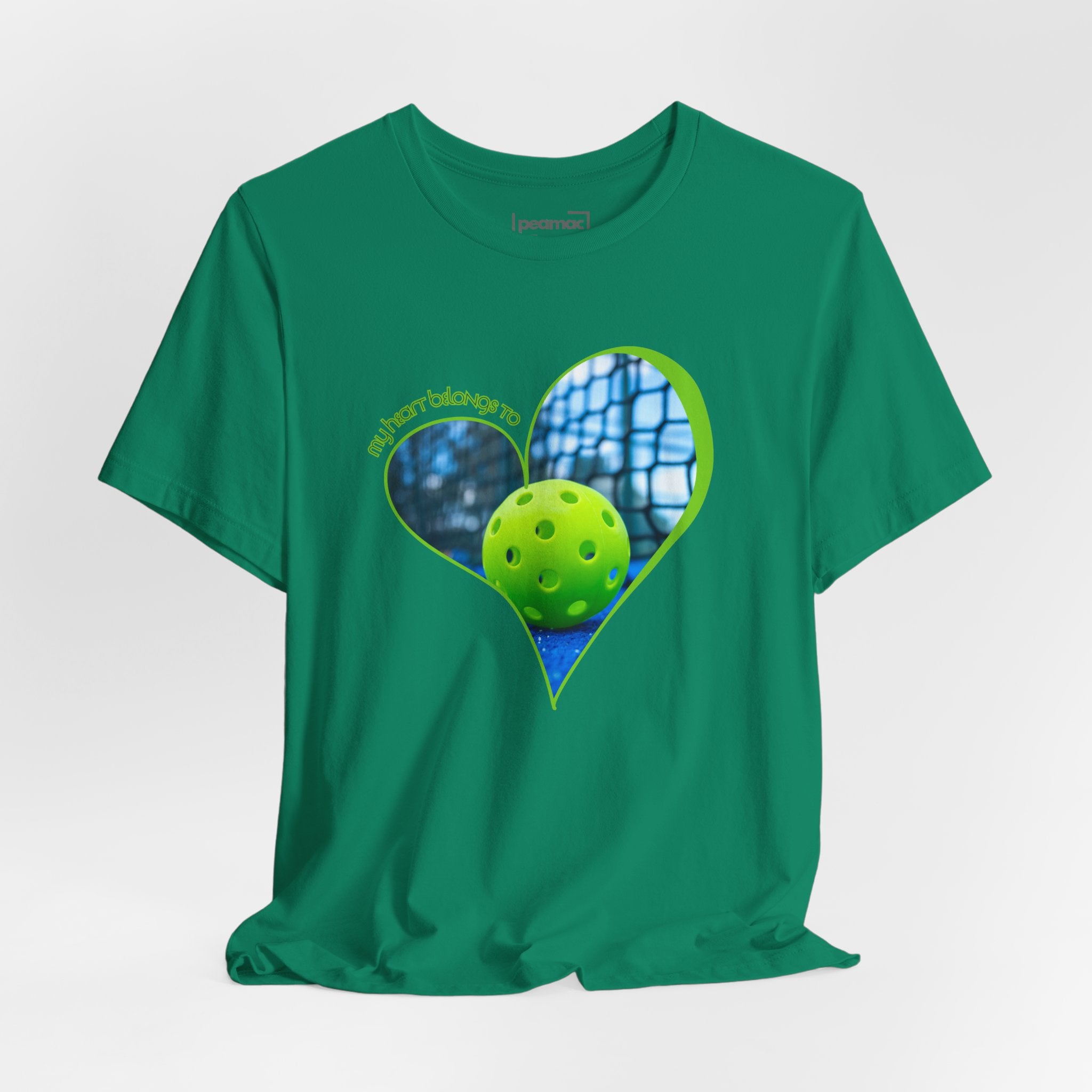 White pickleball T-shirt with "My Heart Belongs to Pickleball" text, designed for players and fans, by Printify.