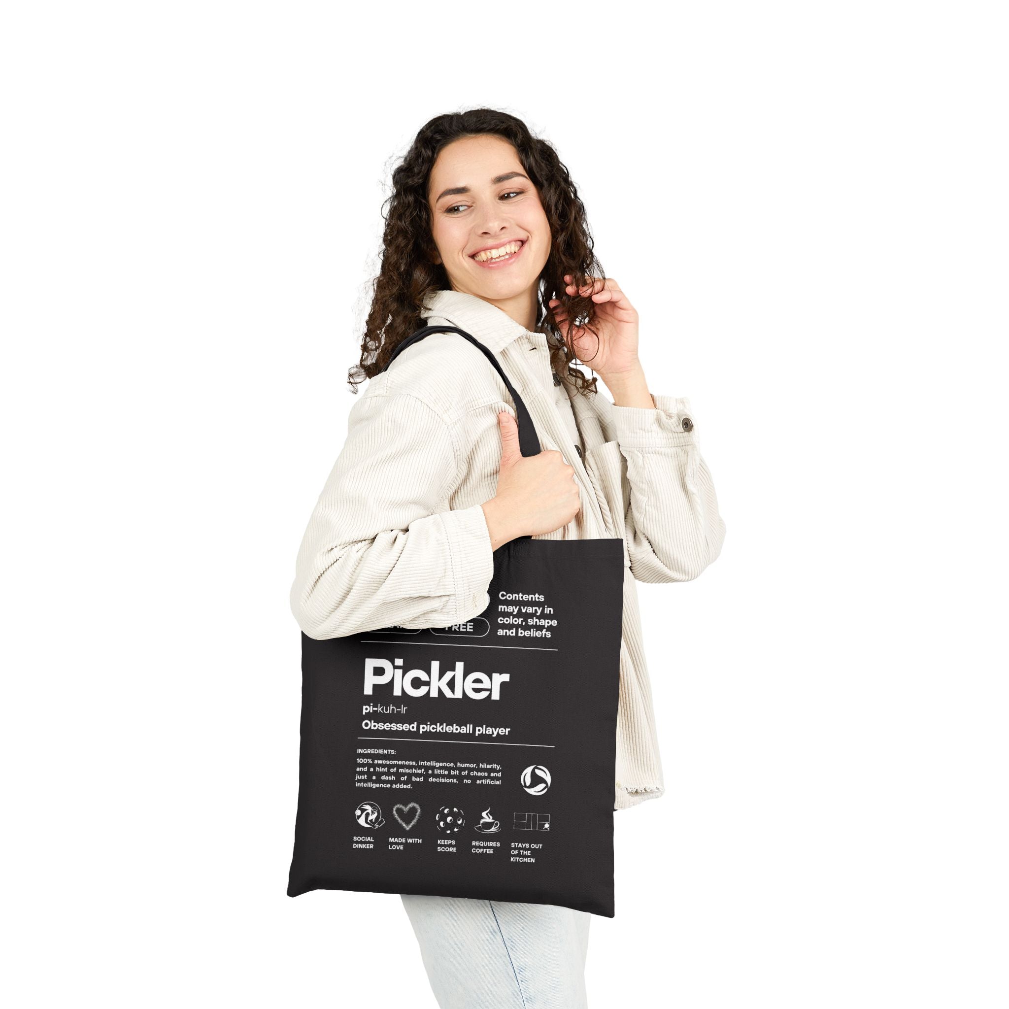 The Pickler Tote Bag | FEMALE Figure | Black or natural | Funny "100% GMO-Free" Cotton Canvas Reusable Bag | Obsessed Pickleball Player Gift
