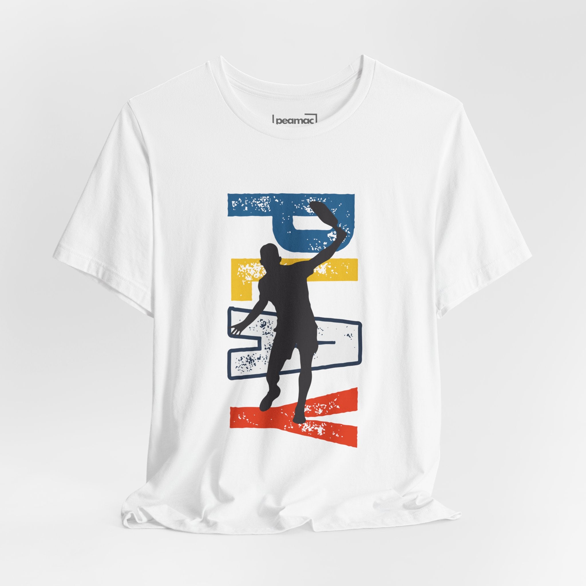 Men's Retro Pickleball Action T-Shirt with front silhouette and vertical 'PICKLEBALL' text on the back by Printify.