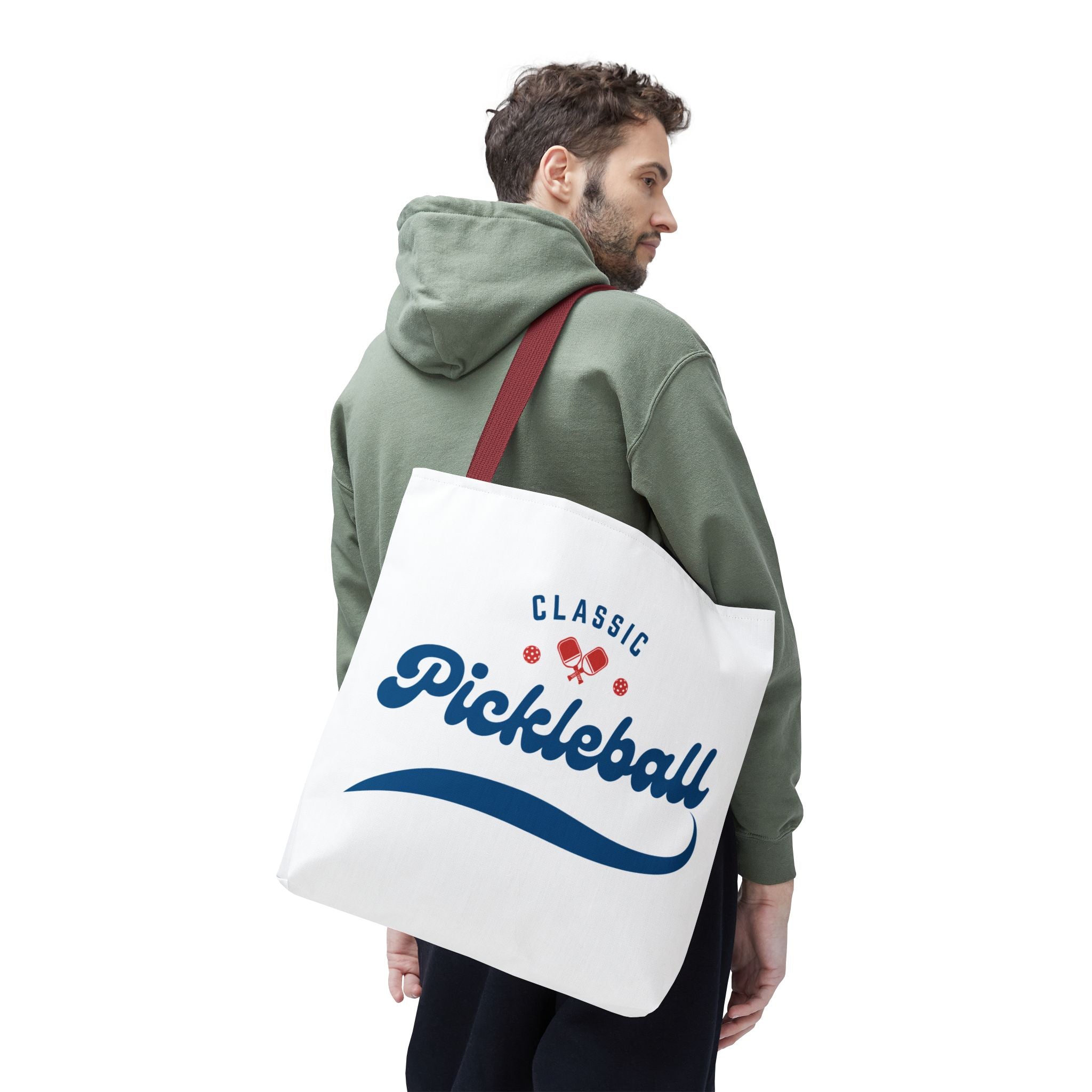 Large Printify pickleball tote bag in red and blue with spacious interior, rugged design, and comfortable shoulder straps.