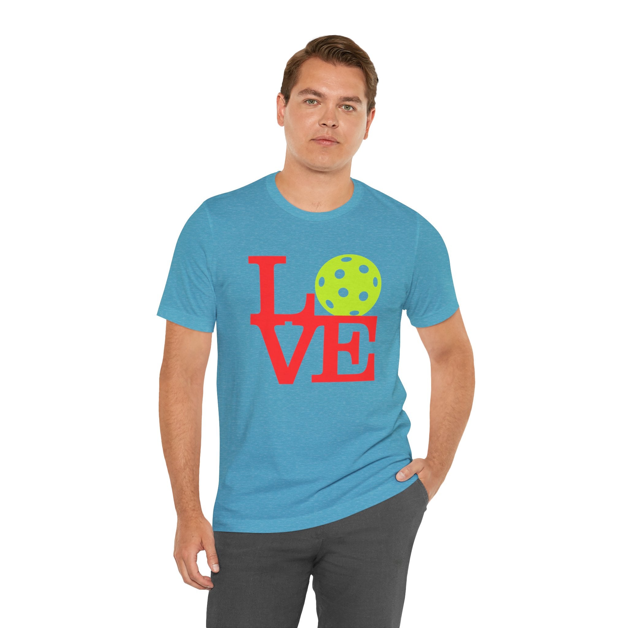 Love Pickleball neon pop art T-shirt by Printify featuring vibrant pickleball design on a premium cotton tee.